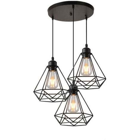Pendelleuchte, 3 Flammig Hängelampe im Industri Stil, Kronleuchter mit Ø20cm Diamant Käfig für Wohnzimmer Schlafzimmer Esszimmer (Schwarz)