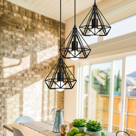 Pendelleuchte 3 Flammig Industri Hängelampe mit Käfig Metall E27 Edison Diamant Lampe für Loft Esszimmer Schlafzimmer Höhenverstellbar (Schwarz)