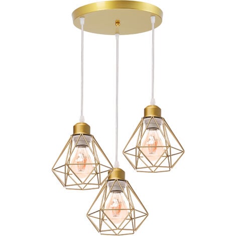 Pendelleuchte, 3 Flammig Scheibenleuchter im Industri Stil, Antik Hängelampe mit Ø16cm Mini Diamant-Form Käfig E27 Halter für Wohnzimmer Schlafzimmer Esszimmer (Gold)