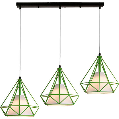 Pendelleuchte 3 Flammig Vintage Kronleuchter aus Metall Industrielle Hängelampe mit Ø25cm Diamant Käfig für Wohnzimmer Schlafzimmer Esszimmer Grün