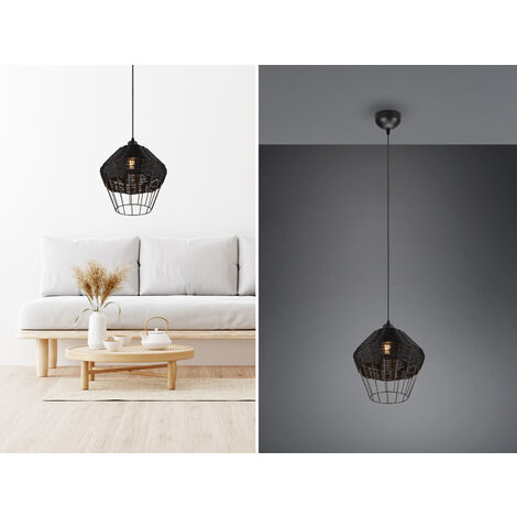 Pendelleuchte BORKA mit Rattan Geflecht und Gitter Schwarz im Boho Stil, Ø 30cm