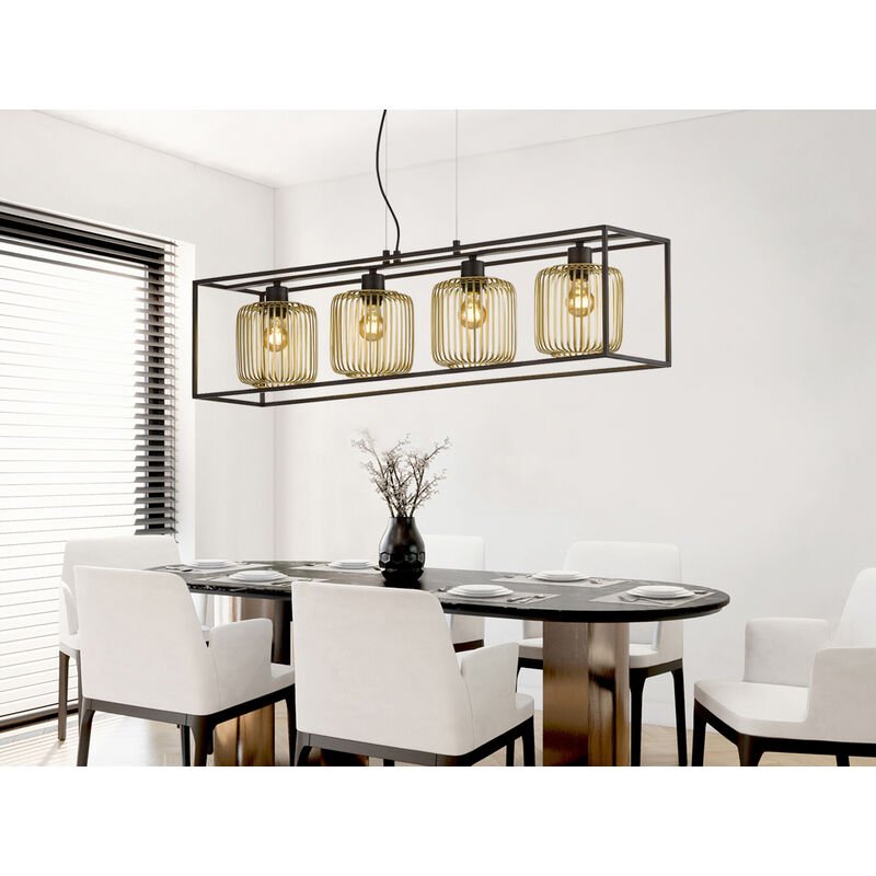 Hängelampe Pendellampe Esstischlampe schwarz gold 4 flammig Retro Käfig l 110 cm