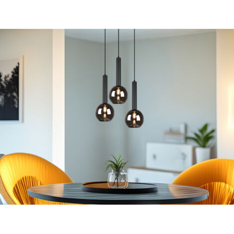 Pendelleuchte CLAYTON Industrial 3-flammig Rauchglas-Kugeln, Ø 45cm