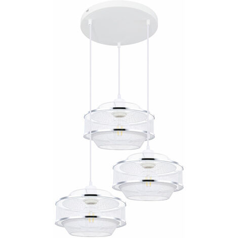 ETC-SHOP Pendelleuchte Deckenlampe Wohnzimmer Hängelampe 3 flammig Metall-Käfig mit Chromringen, weiß silber rund, 3x E27, DxH 46,5x150 cm