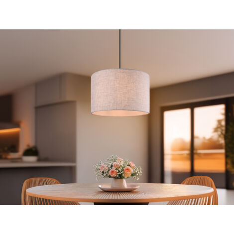 Pendelleuchte ELMAU mit Stoffschirm in Beige und Naturholz Baldachin, Ø 35cm