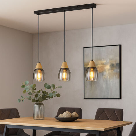 Pendelleuchte Glas Hängeleuchte Glas Lampe Rauchglas, 3 flammig Holz natur Rauchglas Metall schwarz, 3x E27 Fassungen, LxBxH 55x10x120cm