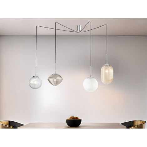 Pendelleuchte GREENWICH mit 4 Relief Glas Lampenschirmen, Höhe 166cm