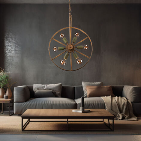 Pendelleuchte Hängelampe Hängeleuchte Esszimmerlampe Wohnzimmerleuchte, 6 Flammig Industriell, Metall grün rostfarben, E27 Fassungen, DxH 50x133cm