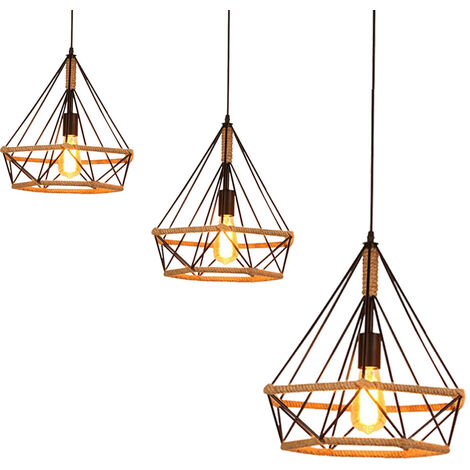Pendelleuchte Hanf Seil Hängelampe mit Käfig Ø25cm Diamant Form Lampen im Industri Stil für für Wohnzimmer Esszimmer Schwarz 3PCS