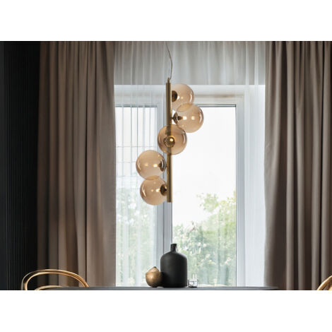 Pendelleuchte HONEY 5-flammig Gold-Glaskugeln Bernsteinfarbig, Höhe 183cm