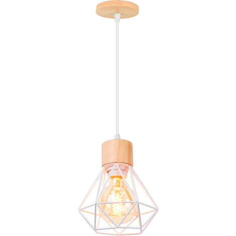 Pendelleuchte, Kronleuchter im Industri Stil, Antik Hängelampe mit Ø16cm Mini Diamant-Form Käfig E27 Halter für Wohnzimmer Schlafzimmer Esszimmer (Weiß + Holzfarbe)