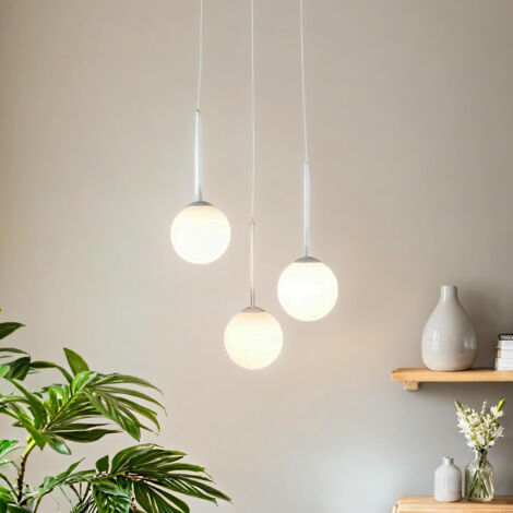 Pendelleuchte Metall Glas 44 cm breit H: max. 200 cm Weiß E14 3-flammig Kugel Schirm rund Modern