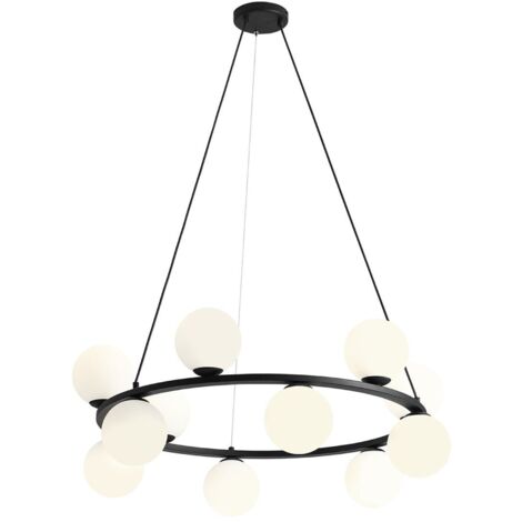Pendelleuchte Metall Glas E14 B: 86 cm H: max. 110 cm Schwarz Weiß rund Kugelschirm Modern