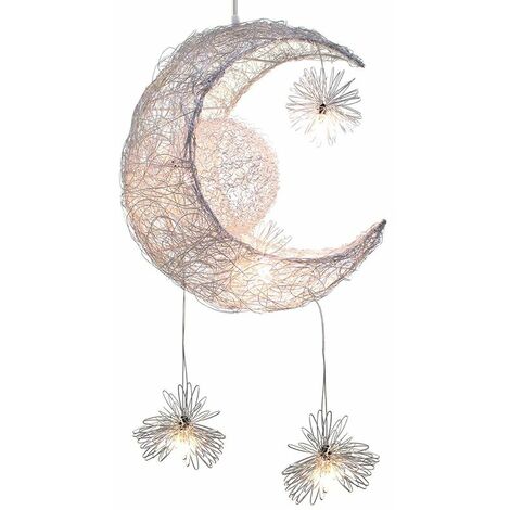 Pendelleuchte Mond und Sterne LED Kronleuchter Deckenleuchte Aluminium Pendelleuchte mit 5 Lichtern für Kinderzimmer Wohnzimmer Dekoration, Durchmesser 37cm - Warmweißes Licht