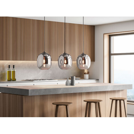 Pendelleuchte NAYLA Industrial 3 flammig mit Rauchglas Glaskugeln - Länge 95cm