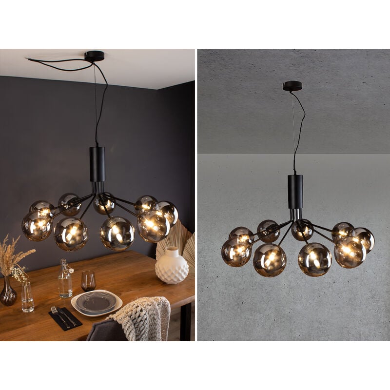 Pendelleuchte neptun 9 flammig Schwarz & Rauchglas, bis 161cm lang