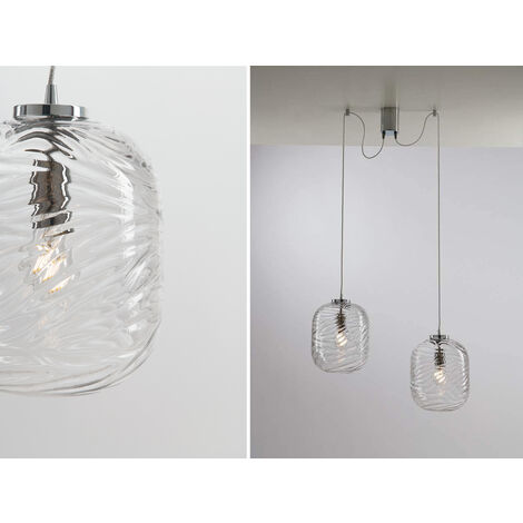 Pendelleuchte NEREIDE 2-flammig Klarglas mit Wellenmuster, Höhe 250cm