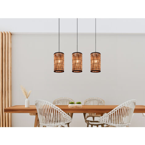 Pendelleuchte SARA 3-flammig mit Lampenschirmen aus Rattan, Breite 80cm
