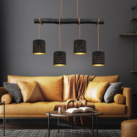 ETC-SHOP Pendelleuchte schwarz Hängelampe Esstisch Wohnzimmerlampe Holzleuchte hängend, 4 flammig Höhe anpassbar, Dekorstanzungen Metall schwarz gold, 4x E27 Fassungen, HxLxB 150x85x15cm