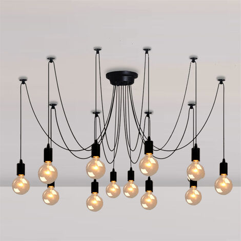 Pendelleuchte Spinne 12 Flammig Vintage Edison Hängend Lampe Kronleuchter für Loft Schlafzimmer Wohnzimmer Esszimmer (200cm/Schwarz)