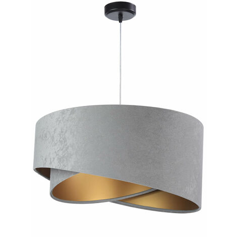 Pendelleuchte Stoff Schirm Velours Optik in Grau Gold 50 cm rund Schlafzimmer Wohnzimmer