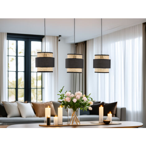 Pendelleuchte TAPE 3-flammig aus Rattan Lampenschirmen mit Stoff, Breite 74cm