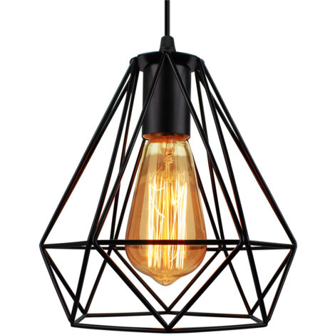 Pendelleuchte Vintage, Metall Kronleuchter im Retro Look, Diamant Hängelampe mit Ø20cm Käfig E27 Fassung Schwarz 1PCS