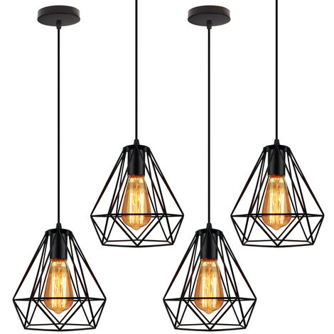 Pendelleuchte Vintage, Metall Kronleuchter im Retro Look, Diamant Hängelampe mit Ø20cm Käfig E27 Fassung Schwarz 4PCS