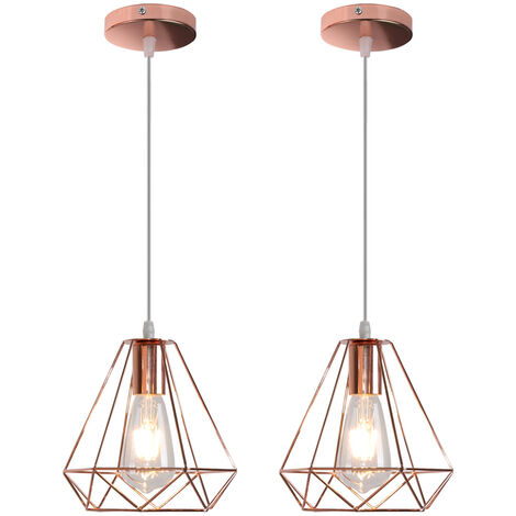 Pendelleuchte Vintage Retro Metall Kronleuchter im Ø20cm Diamant-form, Antik Industrielle Hängelampe mit Käfig E27 Fassung Rosegold 2PCS
