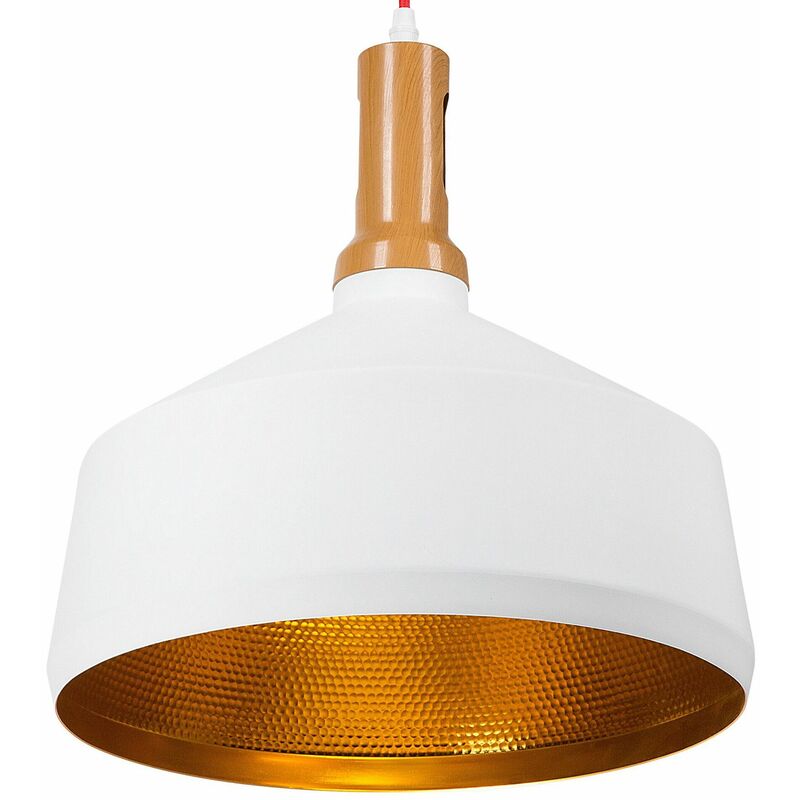 Beliani - Hängeleuchte Weiß und Gold Metall Holzoptik mit Schirm in Glockenform Industrie Look - Weiß