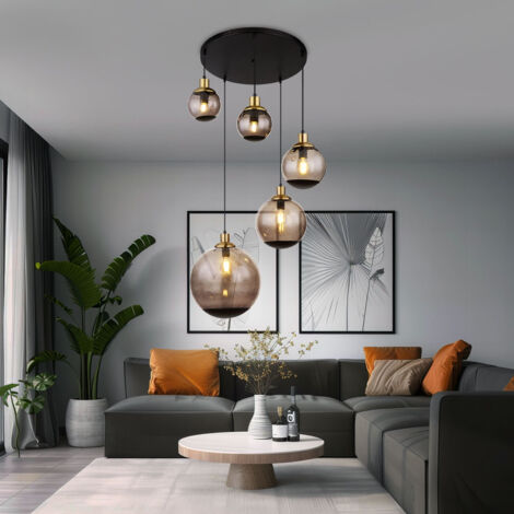 Pendelleuchte Wohnzimmer 5 Flammig Esszimmerleuchte Hängeleuchte Industrial schwarz, Glaskugeln rauch Messing, 5x E27 Fassungen, DxH 65x150 cm