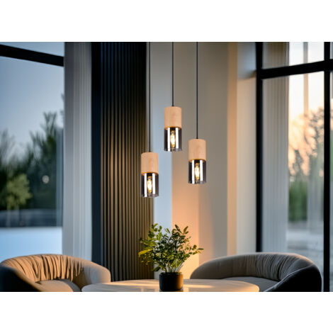 Pendelleuchte YELLE 3-flammig Lampenschirme Holz & Rauchglas, Ø 37cm