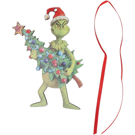 Pendent Monstre Cheveux Verts Artisanat Bois Décoration Noël pour Sapin Intérieur Bureau Chambre
