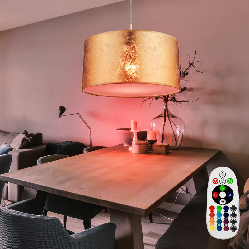 Image of Lampada a sospensione da soffitto, tavolo da pranzo, lampada a sospensione in tessuto, telecomando dimmer in un set che include lampadine led rgb