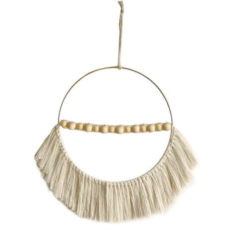 Pendentif bohème en perles de bois et corde de coton, pompon tissé, mural rond
