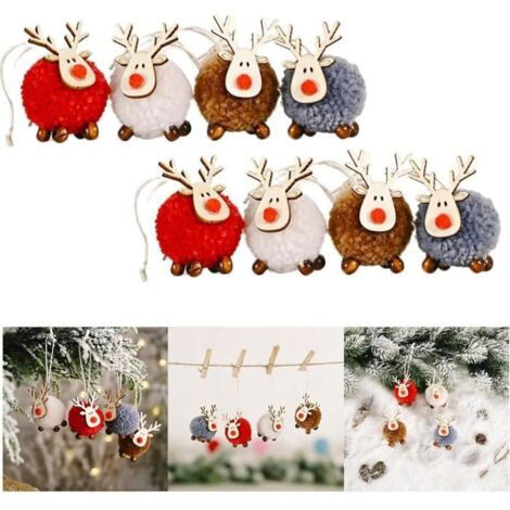 Pendentif de Noël - Décoration Sapin - 8 Pièces - Bois et Pelote de Laine - Mixte - 5 cm