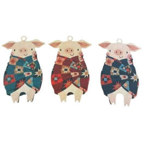Pendentif en bois représentant un adorable petit cochon enroulé dans de la pâte feuilletée.