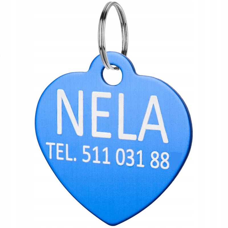 Pendentif médaille d'identification pour chat et chien avec nom en forme de cœur bleu