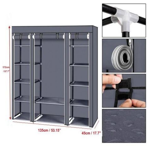 Penderie 135 x 45 x 172 cm, Armoire en Tissu 12 avec Tringle à vêtements et étagères,   Armoire de Rangement Gris pour Chambre à Coucher, Dressing, Dressing chambre, Meuble dressing