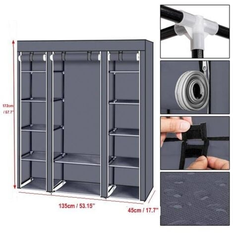 Penderie 135 x 45 x 172 cm, Penderie avec rangement Gris, Penderie Portable avec Barre de Suspension, Porte-vêtements Pliable, Vestiaire, Chambre, Salle d’étude