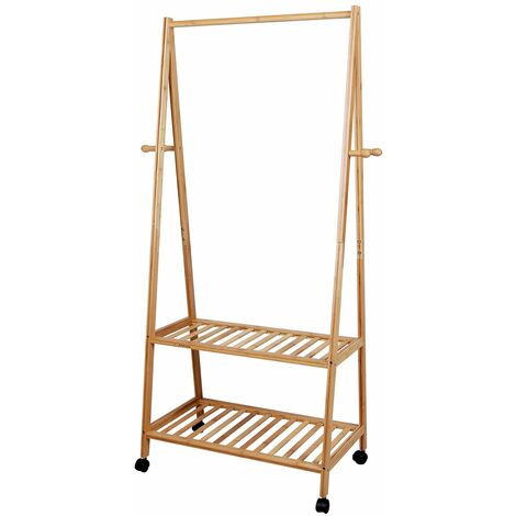 Penderie à vêtements avec Roulettes, Portant pour vêtements en Bambou, Tringle à vêtements avec 2 Étagères et 4 Patères pour Chaussures, Chapeaux et Écharpes dans le Couloir, au Salon et à la Chambre RCR52N