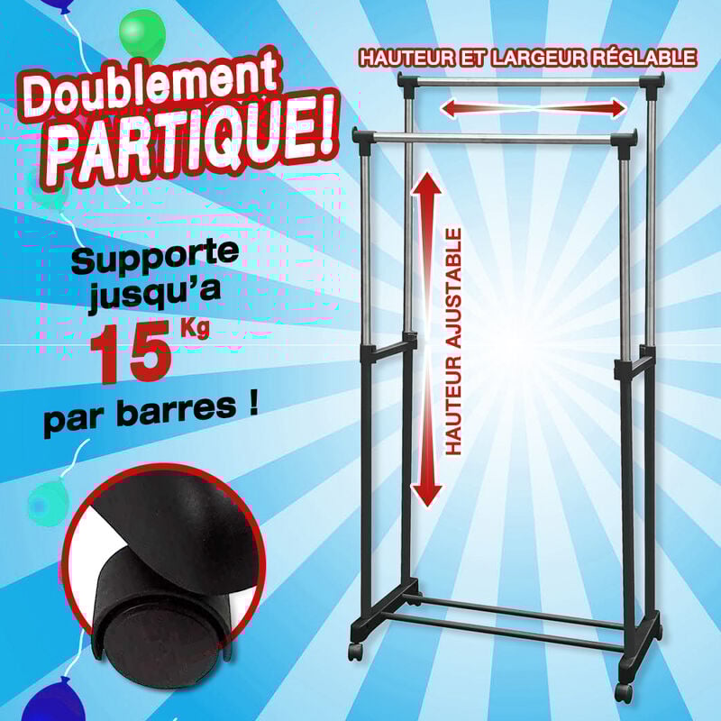 Penderie à Vêtements Télescopique - Métal - Hauteur réglable - 2 Barres sur 4 Roues