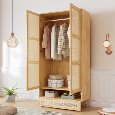 FORTUNA LAI Penderie avec tringle, armoire avec 2 portes, et 1 couvercle bas rabattable, designe en rotin, 90x45x183cm, naturel