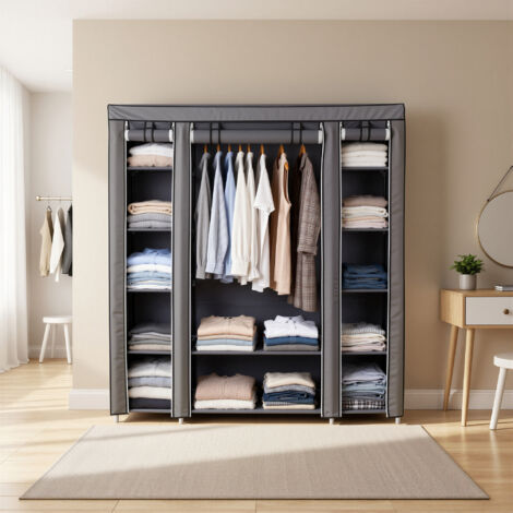 Penderie en tissu avec housse, armoire de rangement modulable, 12 compartiments, cadre métal, chambre, gris