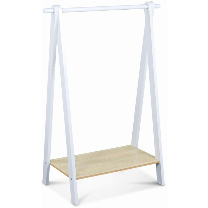 Penderie enfant en bois massif en pin naturel blanc - Tobias - 70X100CM. étagère basse. portant style scandinave. 4 pieds. 4.3kg