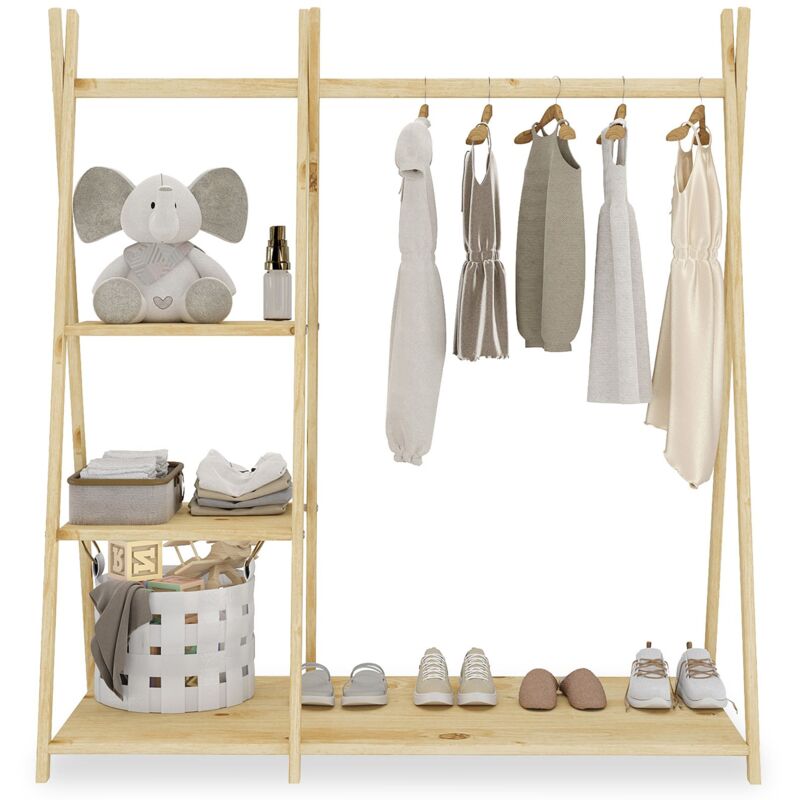 Penderie enfant lotte avec 3 étagères, en bois massif - Coloris naturel