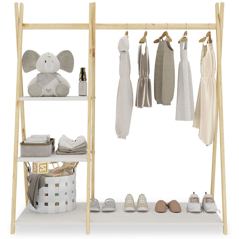 Penderie enfant lotte avec 3 étagères, en bois massif - Coloris naturel et blanc