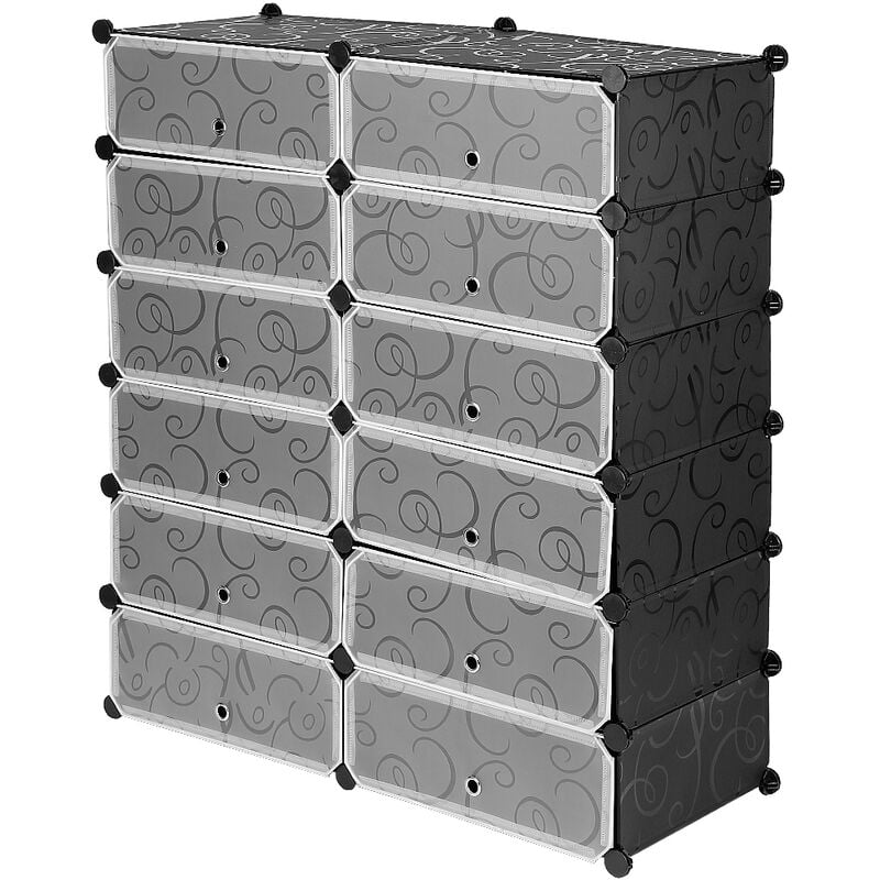 Penderie Etagère à Chaussures Modulable DIY Meuble Rangement Modules en Plastique 12 Cubes Noir et Blanc