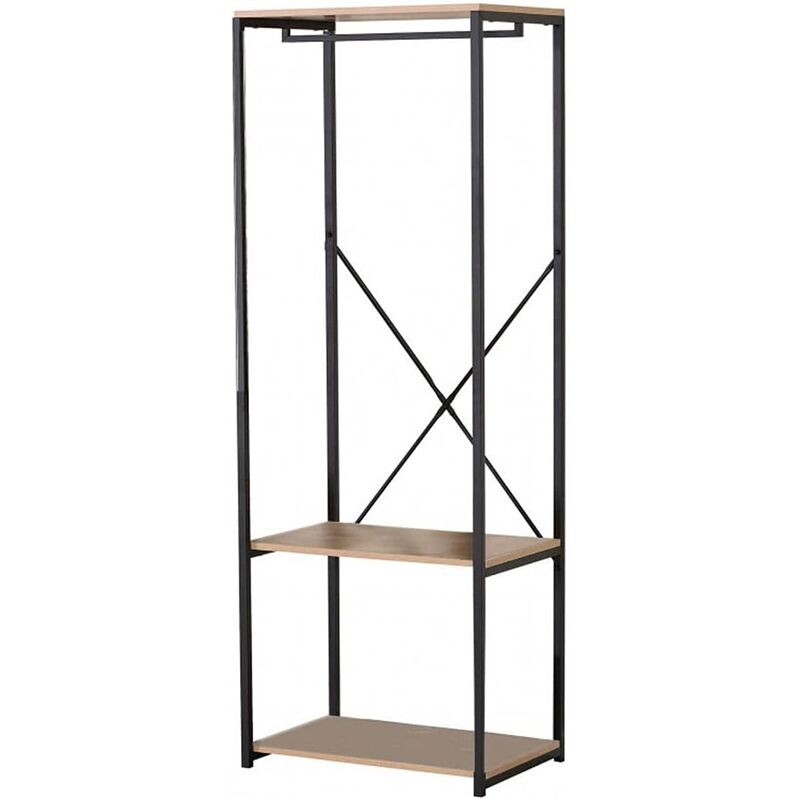 Meuble Penderie En Métal Noir Et Bois + 2 Étagères - 60x40x147cm
