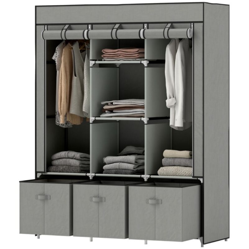 Penderie pliante zippée avec tringle et tiroirs-armoire rangement dressing chambre-125x43x162,5cm gris clair
